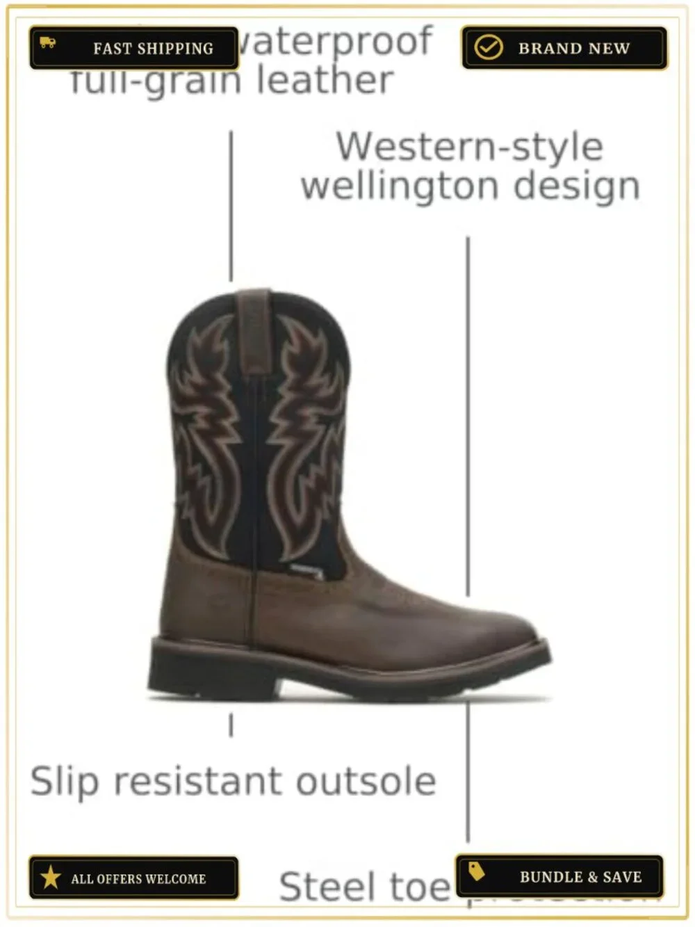 Men's Waterproof Steel Toe Work Boot with Slip Resistant Outsole
